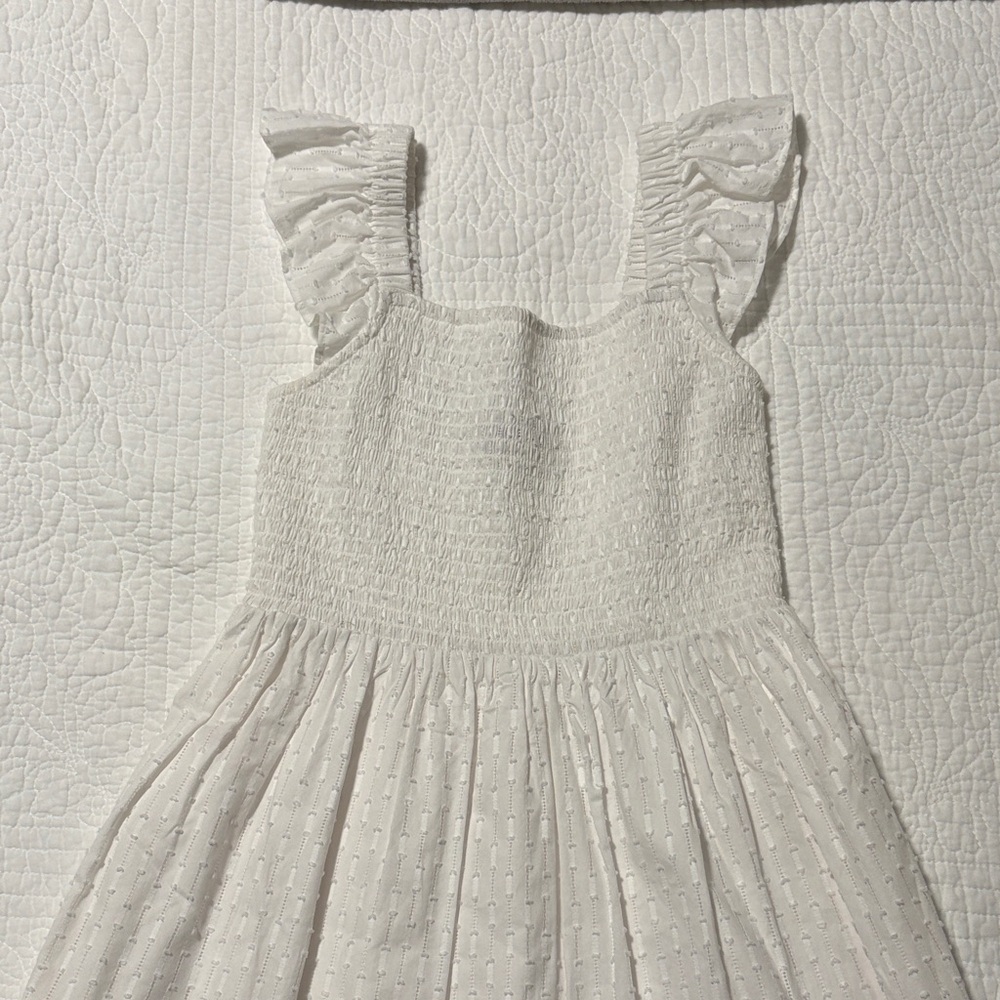LOFT White Smocked Eyelet Midi Dress with Ruffle Straps